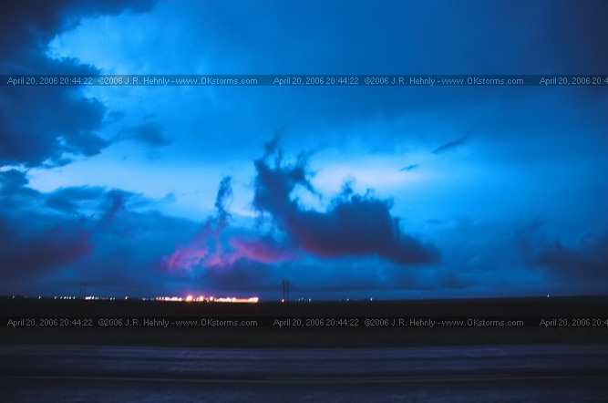 April 20, 2006 - West Texas, Lamesa East of Lamesa, TX - Clouds, illuminated by the city of Lamesa, show the incredible shear in the area. Any rising motion is accompanied by some intense twisting motions. 
 - 20060420_204422.jpg