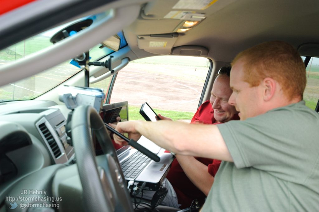 Kenneth and Jim checking radar, trying to determine which storm to go after. - 4/17/2013 2:09:09 PM - Snyder, Oklahoma - USA - 