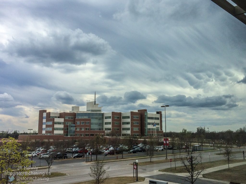 Early elevated convection producing mammatus behind the National Weather Center - 3/25/2015 2:10:45 PM - Weather Decision Technologies - Norman, Oklahoma - 