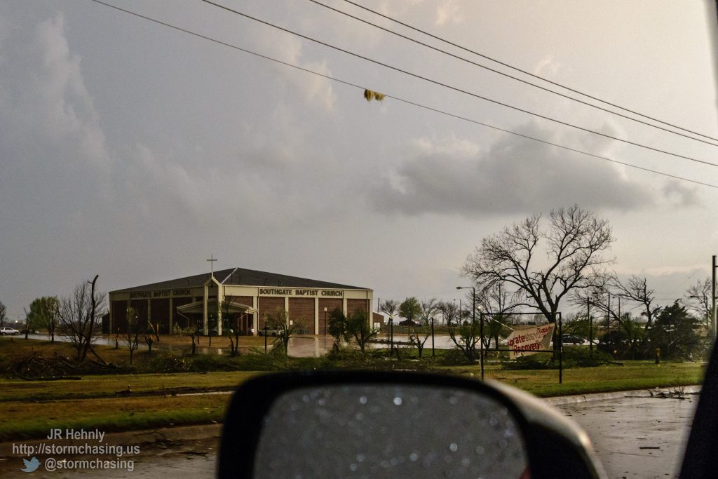 Extensive damage to the large, old trees in front of the Southgate Baptist Church. The May 20, 2013 tornado passed just behind the building. - 3/25/2015 7:35:18 PM - Southwest 4th Street - Moore, Oklahoma - 