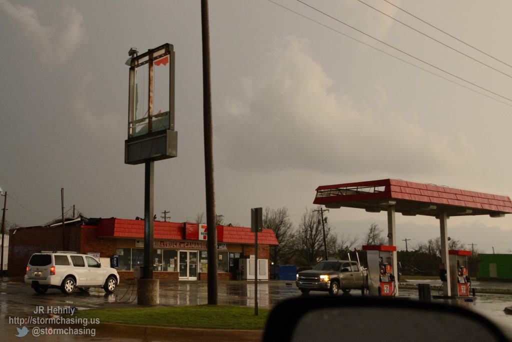 The 7-Eleven near the Plaza Towers neighborhood entrance has lost its roof, sign, and part of the pump canopy. - 3/25/2015 7:36:16 PM - Southwest 4th Street - Moore, Oklahoma - 